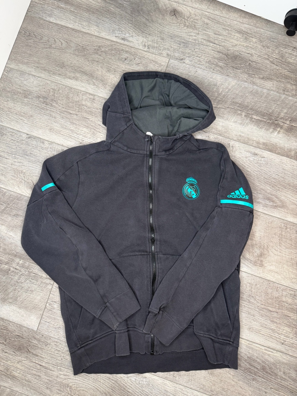 adidas Men’s Real Madrid Black Hoodie with Teal Logo & Trim